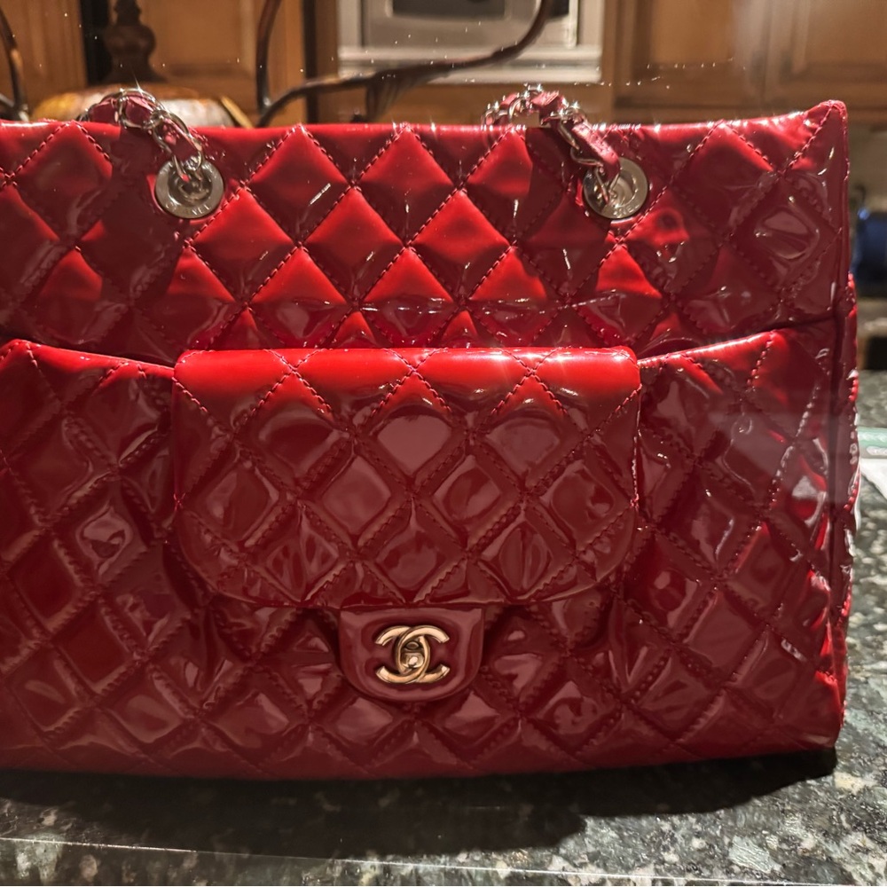 CHANEL Red Patent Quilted Tote